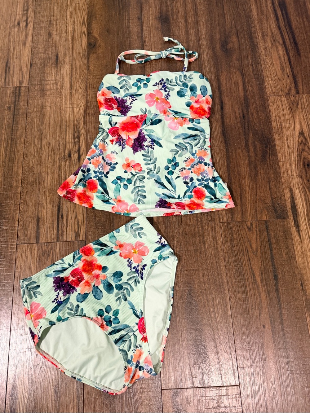 Aqua Floral Mint Green Tankini Set with Coral and Purple Accents